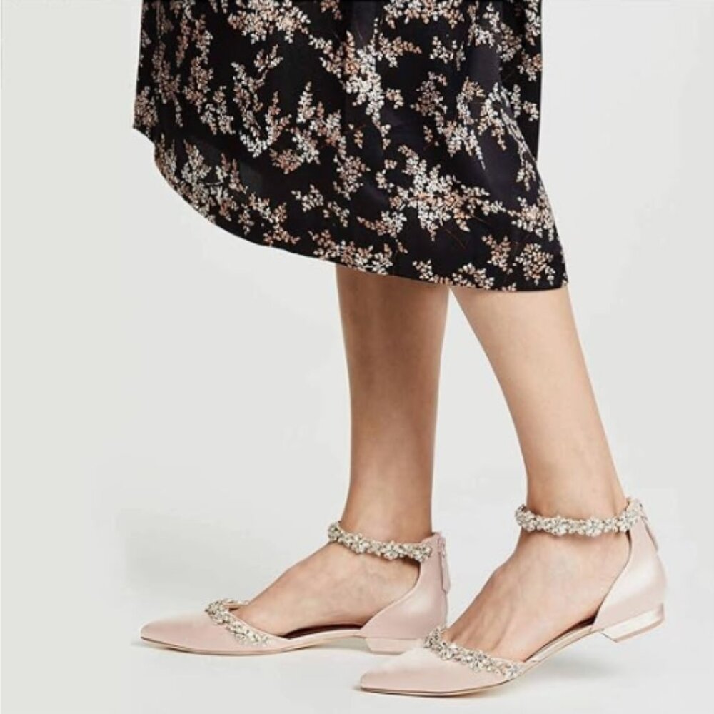 FOWT Pink Satin Crystal Strap Back Zipper D'Orsay White Flats for Women